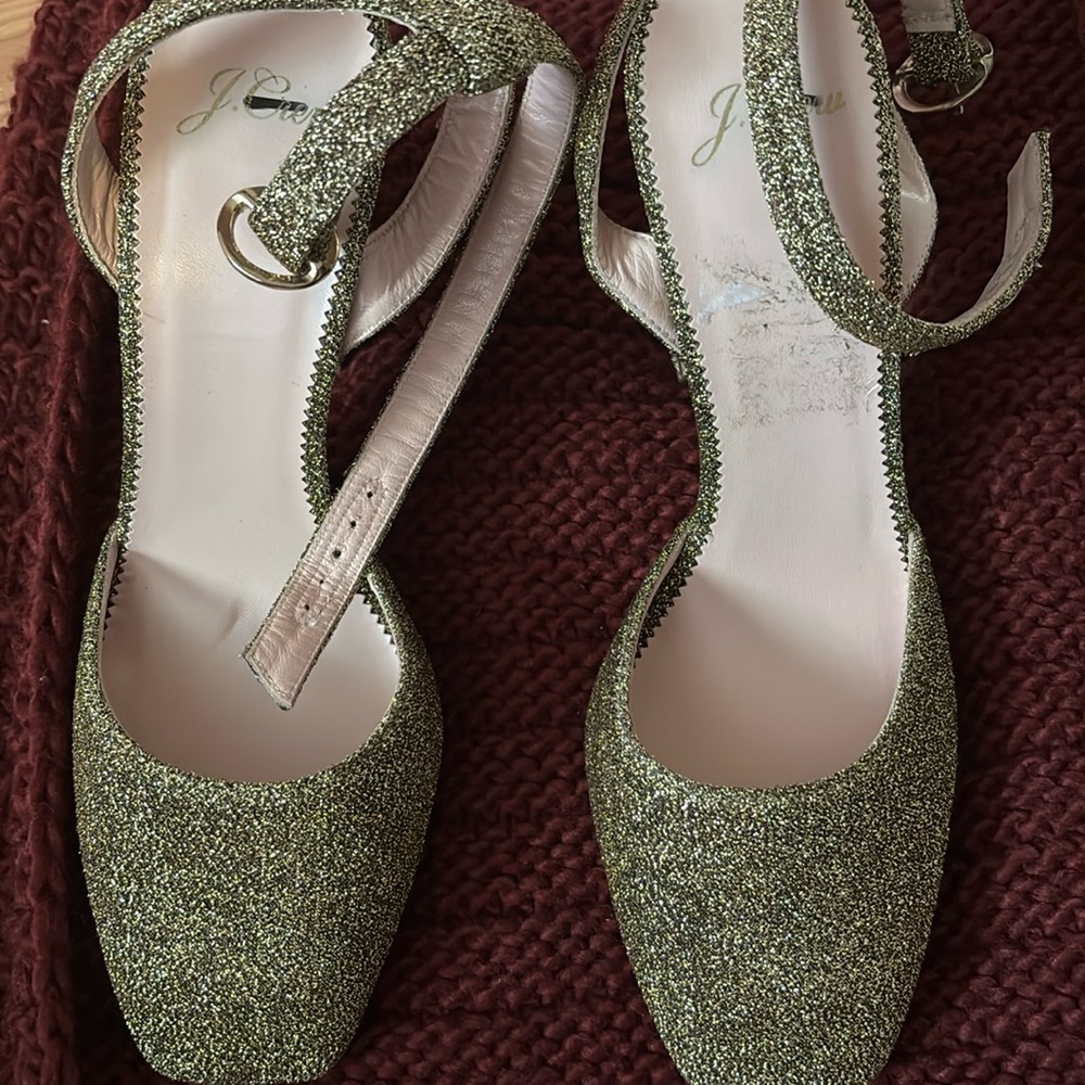 Gold J Crew 4inch block shoes worn once, in box and dust bag